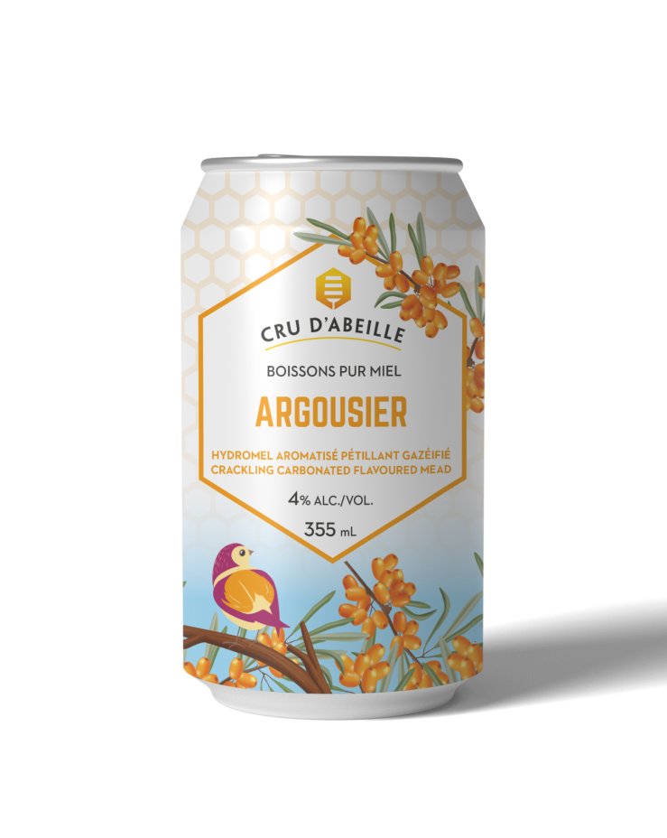 Argousier-mockup Visuel de la canette d'hydromel à l'Argousier de Cru d'Abeille, boissons pur miel