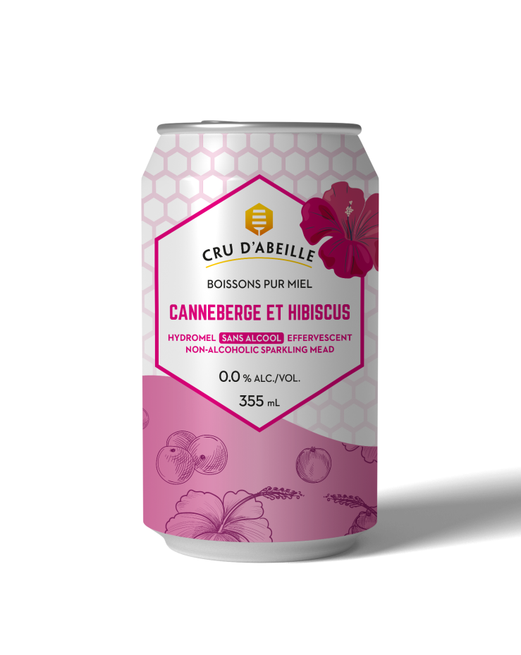 Canette d'hydromel sans alcool à saveur de canneberges et de fleur d'hibiscus de Cru d'Abeille